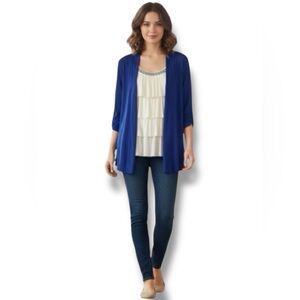 AB Studio (Kohl’s) Top Royal Blue Ivory Ruffled Beaded Neckline Cami Cardi S